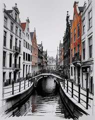 Fototapeta premium Historical canal city street with bridges building design in sketch hand drawing black and white on plain white background