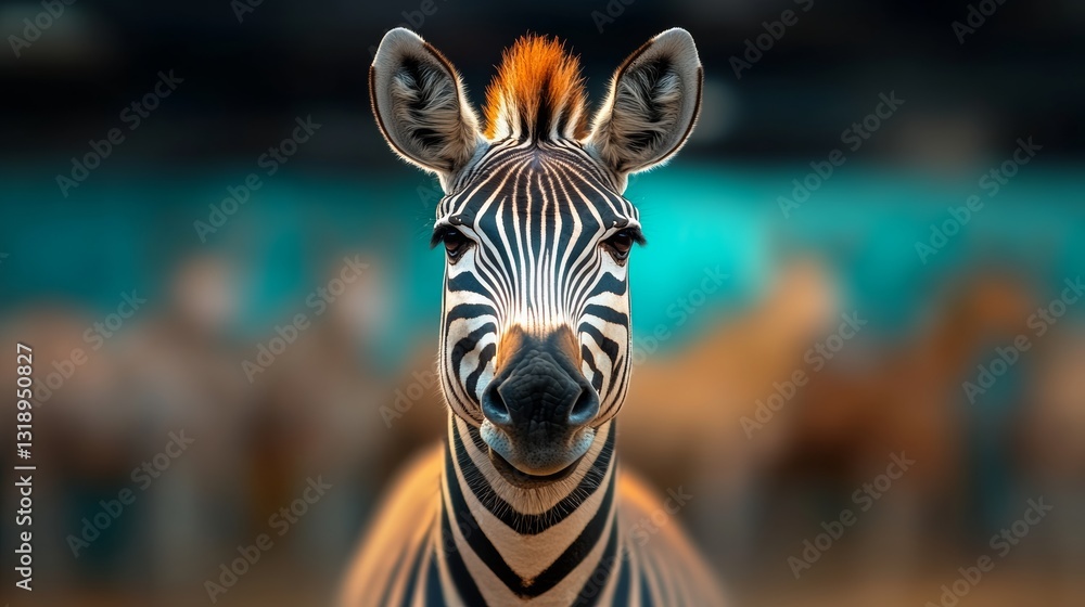 Poster zebra is looking at the camera with its mouth open. the zebra is the main focus of the image, and it