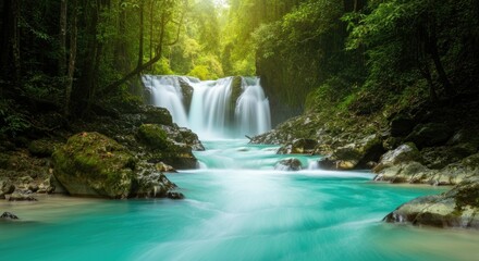 Serene waterfall flowing into clear turquoise river in lush forest