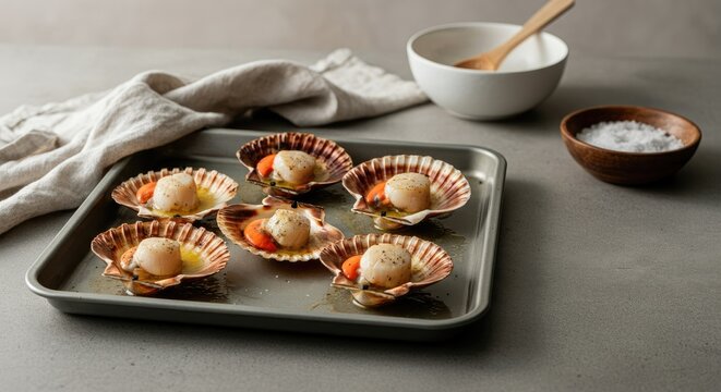 Baked scallops in shells with seasoning on baking tray, salt and bowls background