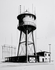 Industrial water tower building design in sketch hand drawing black and white on plain white background