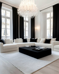 Luxurious, modern living room with black and white color scheme, featuring a large sectional sofa,  a statement chandelier, and large windows