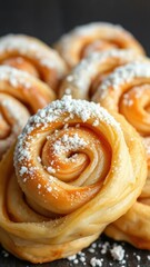 Fototapeta premium Flaky pastry swirls with cinnamon filling and powdered sugar topping, sweet treats, swirled filling