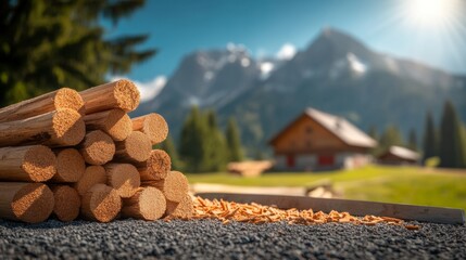 Pile of wood is stacked next to a house in the mountains. The scene is peaceful and serene, with the mountains in the background and the wood providing a rustic feel