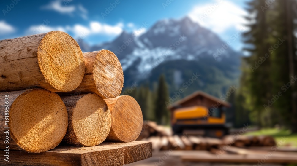 Poster pile of logs is stacked on top of each other in front of a house. the scene is peaceful and serene, 