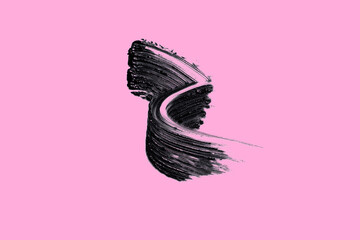 Swatch, beautiful mascara brushstroke smear isolated on pink background flat lay texture