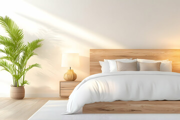 Modern bedroom with natural light and wood accents