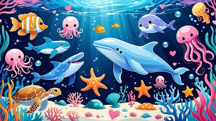 fishes in the sea. cute underwater animals, fishes and plants. Ocean, endless undersea texture design. 