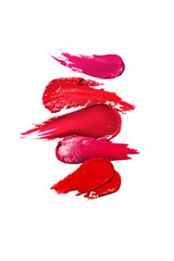 Mix of red and pink swatches swipe isolated on white background. Texture beauty lipstick swatches vertical poster banner photo