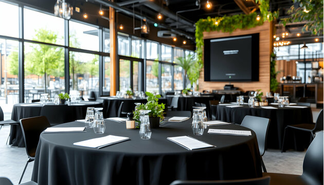 Modern event space with large windows overlooking a patio