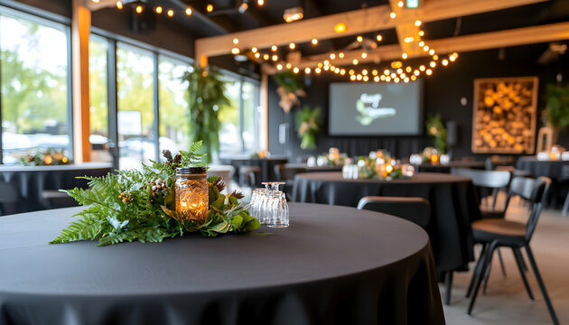Modern event space with round tables, black linens, and greenery centerpieces