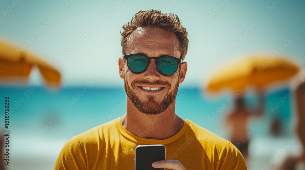 Poster man with a beard and sunglasses is smiling and holding a cell phone. he is standing on a beach with 