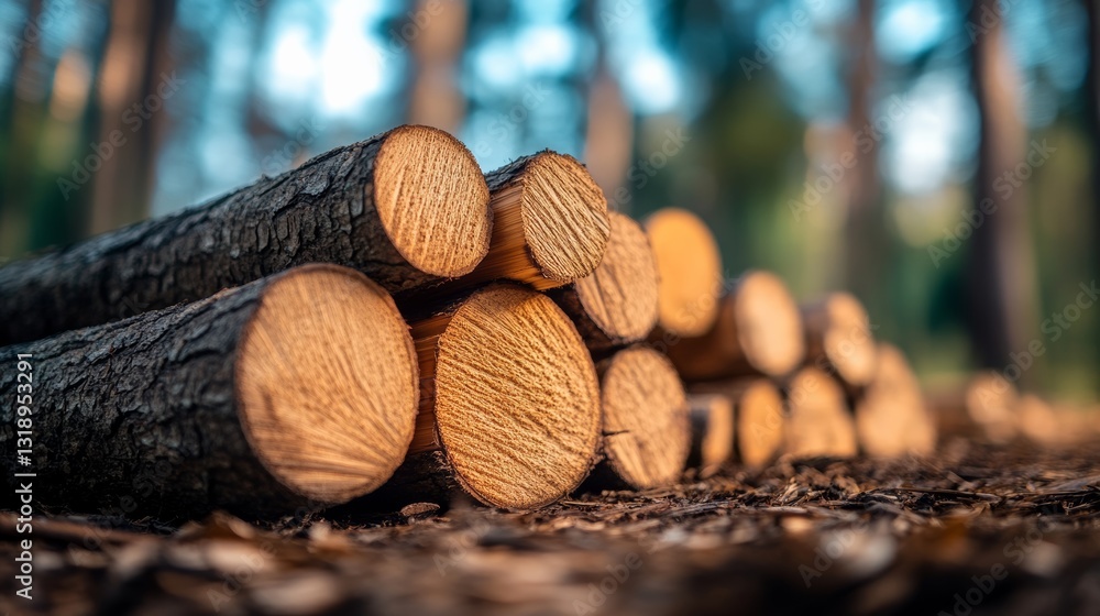 Poster pile of logs with a few of them being cut in half. the logs are stacked on top of each other, and th