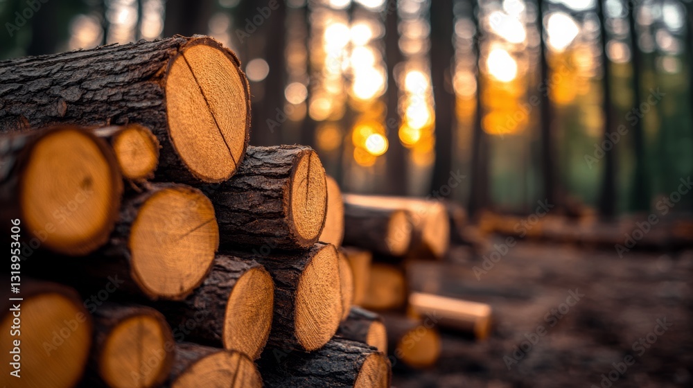 Poster large stack of logs is sitting in a forest, with the sun shining down on them. the logs are arranged