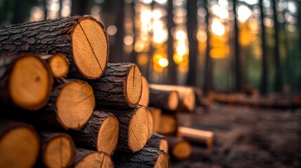Large stack of logs is sitting in a forest, with the sun shining down on them. The logs are arranged in a way that creates a sense of depth and dimension, with some of them leaning on each other