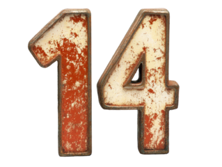 Number 14 displayed with weathered paint and vintage style