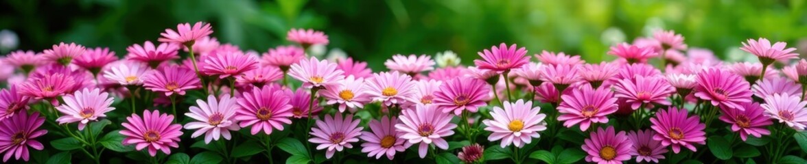 Obraz premium Densely packed perennial flowers in shades of pink, purple and white, against a green garden backdrop, nature, foliage