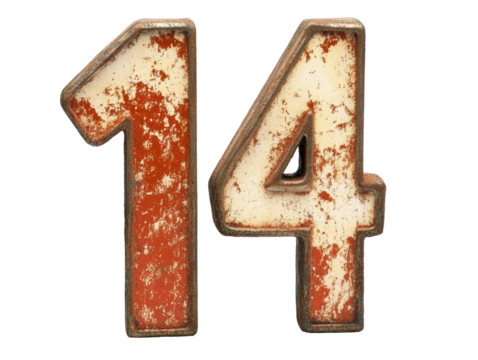Number 14 displayed with weathered paint and vintage style