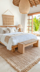 Modern, minimalist bedroom with natural textures and a serene coastal aesthetic