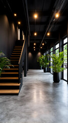 Modern, minimalist interior hallway with wooden stairs, dark walls, and large windows