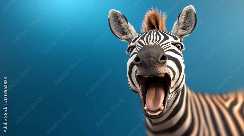Poster zebra is smiling and making a funny face. the zebra's mouth is open and its tongue is sticking out. 