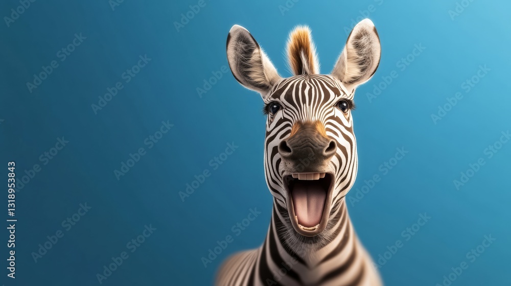 Poster zebra is smiling and making a funny face. the zebra is looking directly at the camera and he is happ