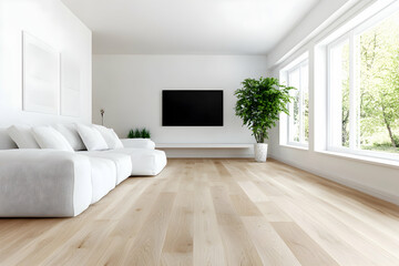 Modern minimalist living room with white sofa, large windows, and wooden floors