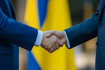 Business and political handshake with Ukrainian flag background symbolizing agreement and partnership