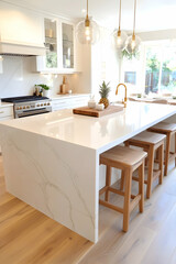 Modern white kitchen with marble island and light wood accents