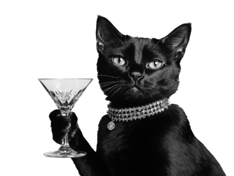 Black cat holding a martini glass with elegant accessories