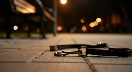 Close-up of dog leash on city sidewalk at night with bench in background, creating feeling concern or abandonment