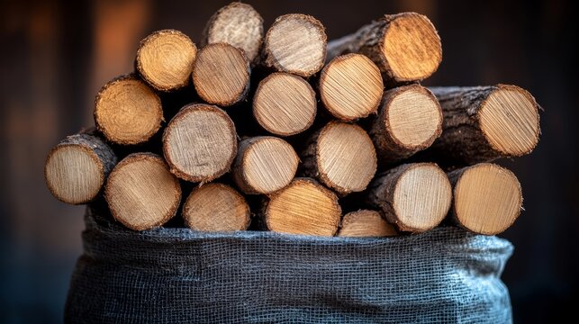 Pile of wood logs are stacked in a bag. The bag is black and the wood is brown - Powered by Adobe