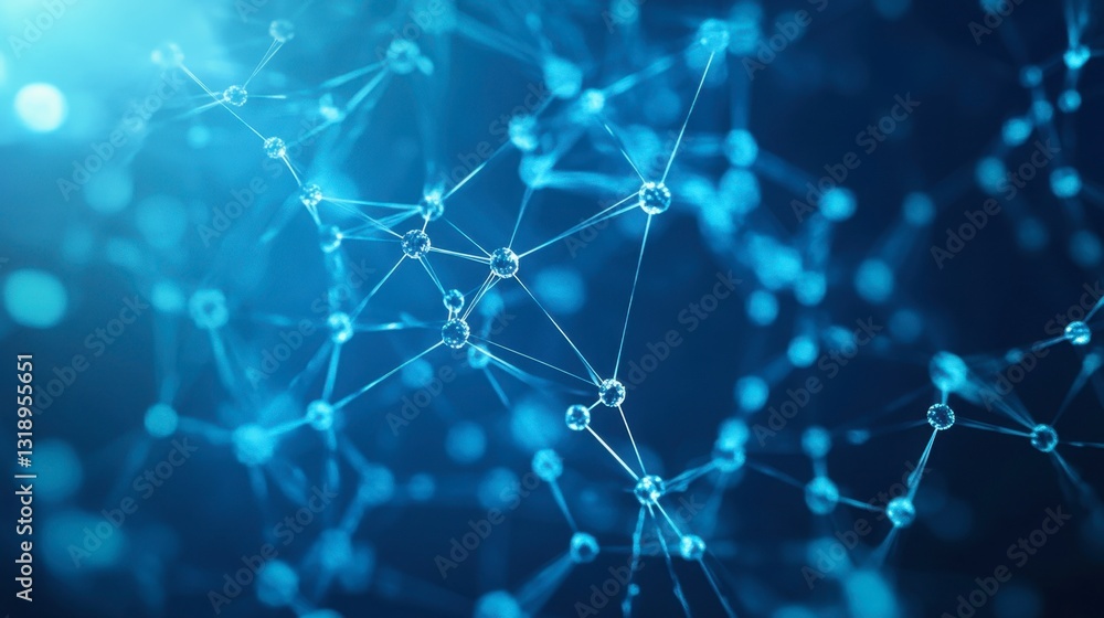 Poster abstract molecular structure with connected dots and lines, representing dna and neurons on a blue b
