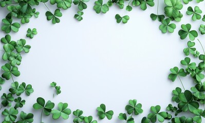 Fototapeta premium Green Clover Leaves Arranged As a Frame on White Background