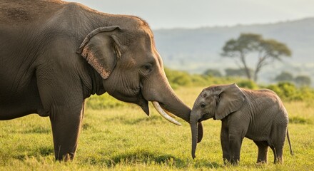 Adult elephant with calf standing closely in grassy field