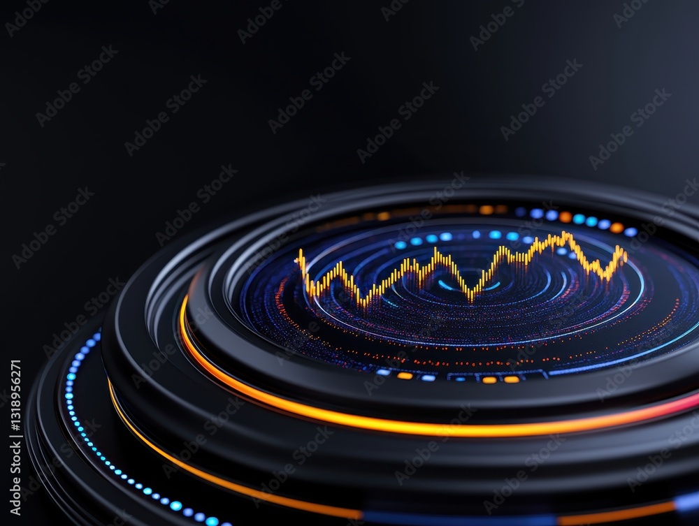 Poster abstract digital visualization of data trends with vibrant colors and circular design