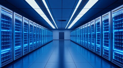 Fototapeta premium Glowing server racks in a modern data center, showcasing advanced technology and digital infrastructure. 
