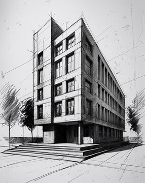 School building design in sketch hand drawing black and white on plain white background