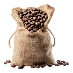 Burlap sack filled with dark coffee beans on transparency background