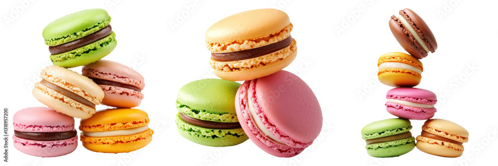 Poster colorful macarons stacked in playful arrangements on transparency background