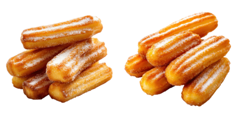 Golden churros coated in sugar, isolated on transparency background