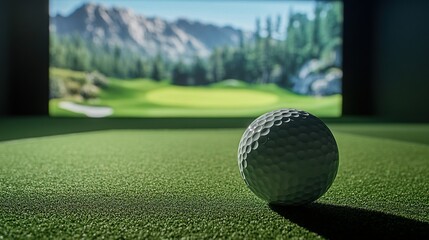 Close-up of a golf ball on an indoor golf simulator mat