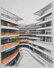 Obraz premium Sprawling shopping mall with multiple levels building design in sketch hand drawing black and white on plain white background