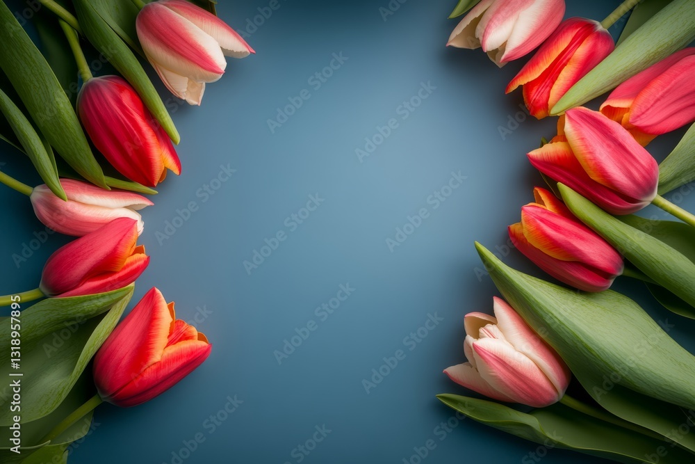 Poster blue background with a row of red and orange tulips. the tulips are arranged in a circle, with some 