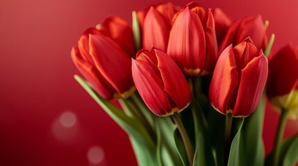 Obraz premium Bouquet of red tulips is displayed on a red background. The flowers are arranged in a way that they are all facing the same direction, creating a sense of unity and harmony