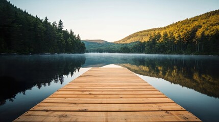 Naklejka premium Wooden pier extending into a misty lake at sunrise
