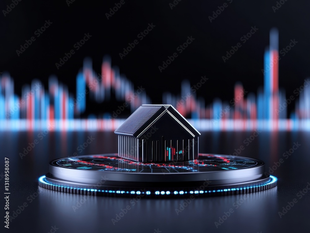 Poster a miniature black house model on a digital display with fluctuating graphs in the background