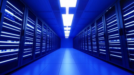 Obraz premium Glowing server racks in a modern data center, showcasing advanced technology and digital infrastructure. 