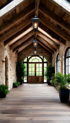 Fototapeta premium Rustic, elegant hallway with exposed beams, stone walls, and a large arched doorway