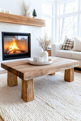 Rustic wooden coffee table in a cozy living room with a fireplace